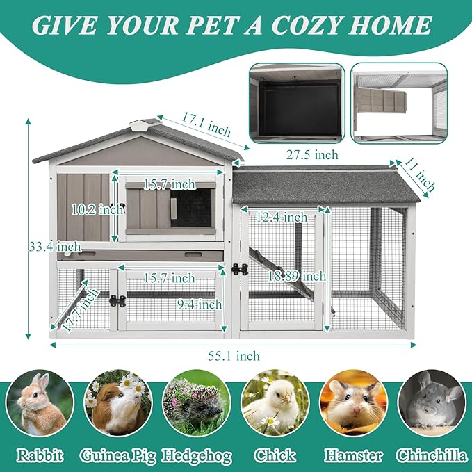 Rabbit Hutch Indoor Bunny Cage Outdoor Bunny Hutch with Pull Out Tray, Wooden Large Rabbit Cage with Run Weatherproof Roof, Guinea Pig Hutch (Grey, 110.2" L x 17.7" W x 33.4" H)
