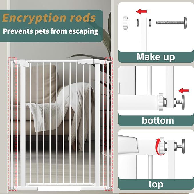 40.55" Tall 1.37" Ultra Narrow Spacing Dogs Pets Baby Gate for Doorway Hallway Safety Proof Indoor 61.61-69.48" Extra Wide Puppy Pressure Mounted No Drill Walk Through White Metal