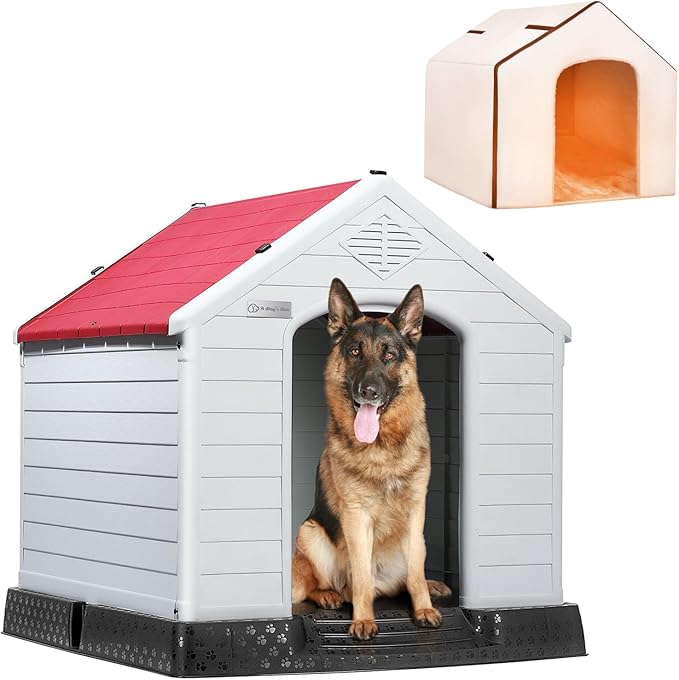LEMBERI Durable Waterproof Plastic Dog House for Small to Large Sized Dogs, Indoor Outdoor Doghouse Insulated Puppy Shelter with Elevated Floor, Easy to Assemble (Red with Liner, 42''L*38''W*39''H)