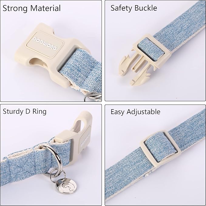 DOGWONG Cotton Hemp Dog Collar - Heavy-Duty Adjustable Soft Natural Fabric Pet Collar, Baby Blue Cute Wedding Puppy Necklace for Small Medium Large Dogs