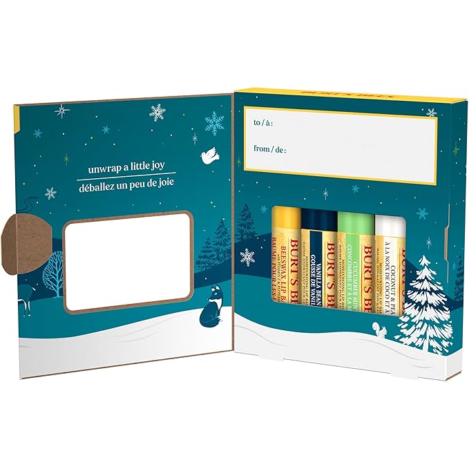 Burt's Bees Christmas Gifts, 4 Lip Balm Stocking Stuffers Products, Assorted Mix Set - Classic Beeswax, Vanilla, Cucumber Mint & Coconut and Pear (Pack of 4)