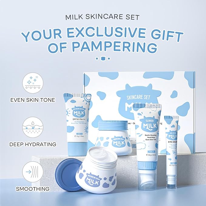 Milk Skincare Set Teen Women Beauty Gifts Set, Milk Skin Care for Girls 10-12 Hydrating, 5PCS Skincare Essentials Kit for Women with Eye Cream, Cleanser, Face Cream, Sunscreen, Cream