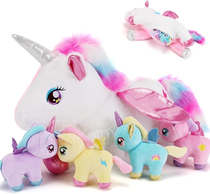 5 Pieces Unicorn Stuffed Animals - 1 Mommy Stuffed Unicorn with 4 Babies - Unicorns Gifts for Girls Ages 3 4 5 6 7 8, Unicorns Plush Toys for Christmas, Valentine's, Birthday Gifts (Pink)