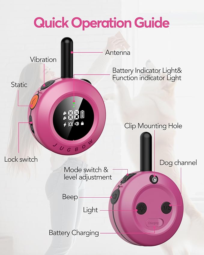 Jugbow Dog Shock Collar - 3/4 Mile Dog Training Collar with Remote for Large Medium Dogs, Rechargeable IPX8 Waterproof E-Collar with 3 Training Modes, LED Light & Security Lock (Pink)