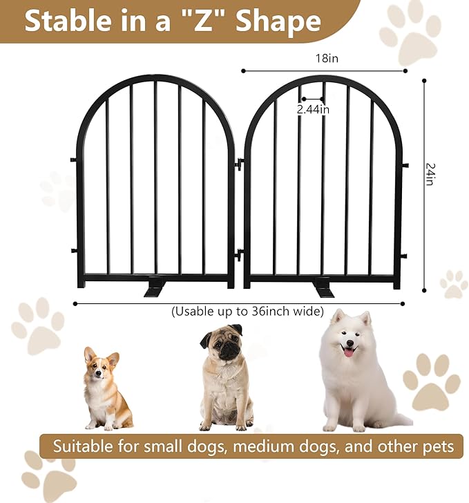 Full Metal Dog Gate for Indoor Outdoor, 24" Tall Free Standing Pet Dog Fence, 36" Wide Arched Pet Gates for Stairs, Hallways, Doorways, Kitchen, Decks, Yards (Black, 2 Panels)