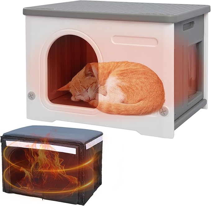 Rockever Plastic Outdoor Indoor Cat House with Insulated Liner, 100% Insulated Feral Cat House for Winter, Waterproof Cat Houses for Outdoor Cats, Spacious, Assemble Easily-Grey