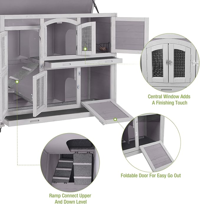 GUTINNEEN Rabbit Hutch Indoor Outdoor Bunny House Guinea Pig Cage on Wheel with Plastic Tray