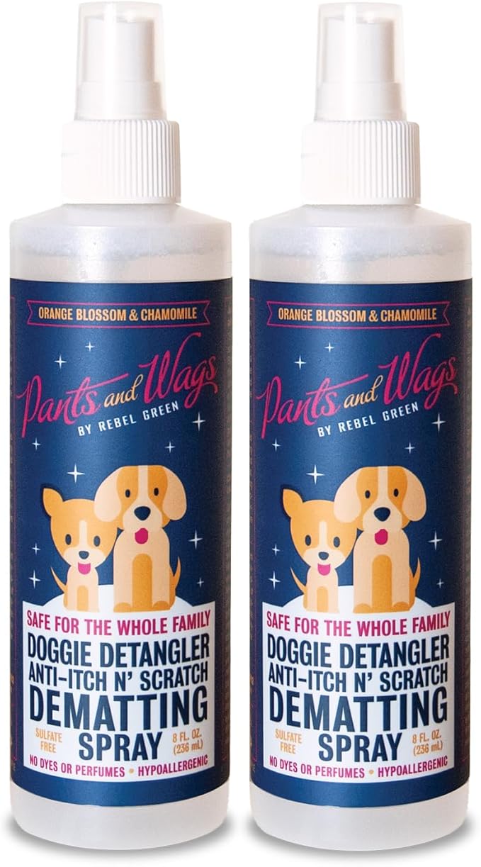 Rebel Green Pants and Wags Anti-Itch & Scratch Dematting Spray - Dog Hair Detangler - Orange Blossom & Chamomile - Hypoallergenic - No Dyes or Perfumes - 8 oz - 2 Pack