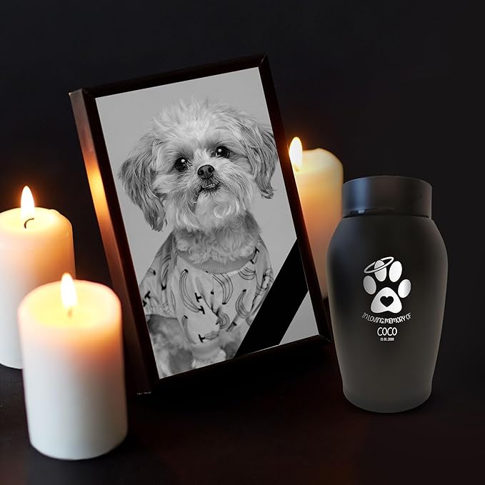 Personalized Custom Small Keepsake Urn Engraved with Pet Name, Date, and Dog Design - 5.2" Black Powder Coated Steel Cremation Urn for Dogs Ashes | 12-16 lb Capacity, Embrace