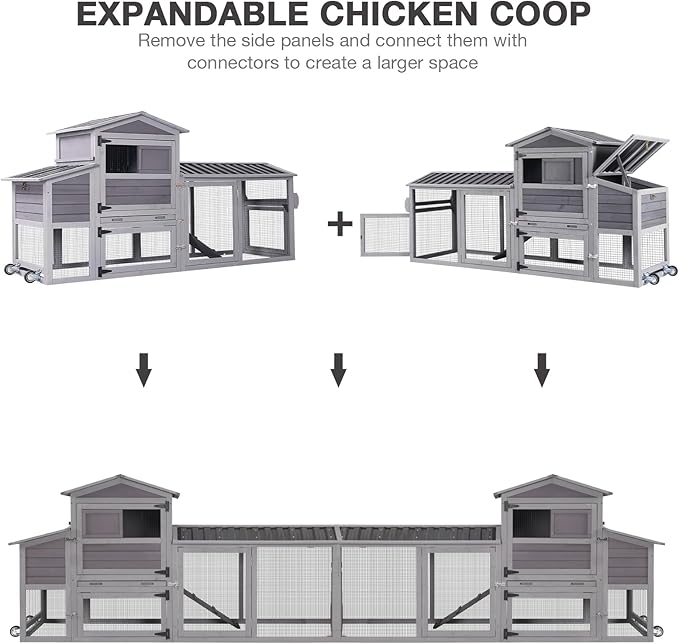 Chicken Coop with Run Large Hen House on Wheels Chicken House Poultry Cage with Nesting Box, Leakproof Pull-Out Tray, Waterproof Roof for 4-6 Chickens (Grey, 80.6" L x 26.6" W x 42.4" H)