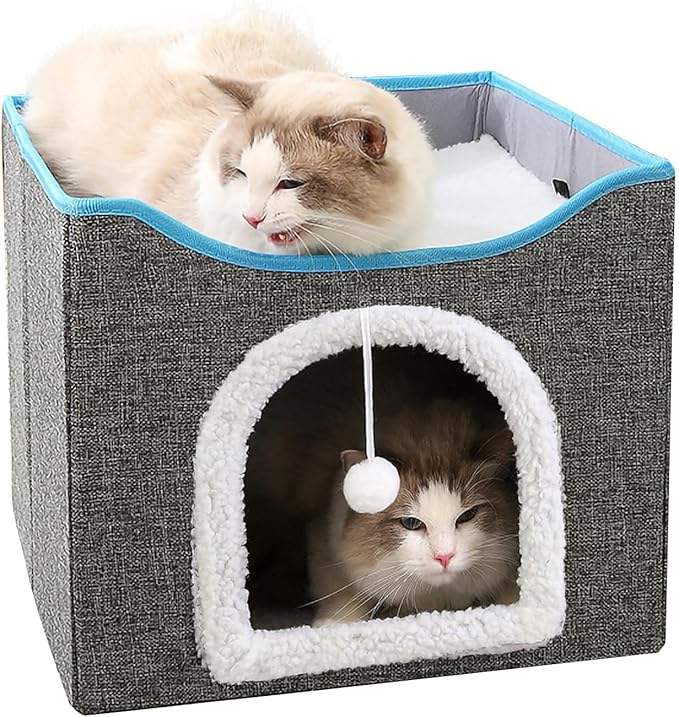 Foldable cat Bed, Cat Beds for Indoor Cats, Large Cat Cave for Pet Cat House with Fluffy Ball Hanging and Scratch Pad, Providing Entertainment for Cats (Grey, Single)