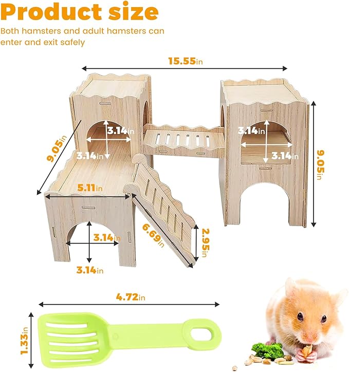Wooden Dwarf Hamster House, Hamster Tiny House Hideout, Maze House, Large Balcony Lookout Holes, Easy to Assemble, Detachable Parts, Secure Hideaway, A