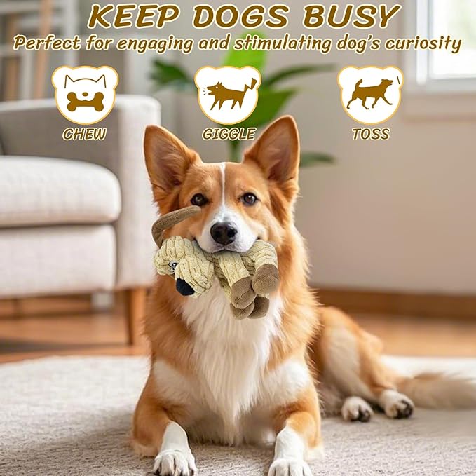 Squeaky Stuffed Dog Toys, Chew Toy for Large Medium Small Breeds, Plush Dog Toys to Keep Them Busy, Puppy Teething Dog Toy, Crinkle Dog Toy (Khaki Dog)