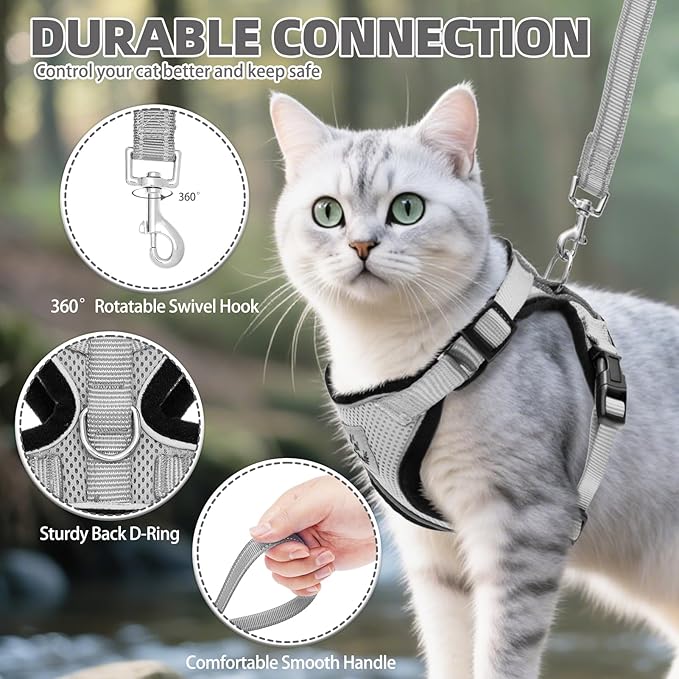 PUPTECK Cat Harness and Leash Set Escape Proof Reflective Cat Walking Harness Adjustable Soft Breathable Mesh Vest for Small Pets, Grey, S