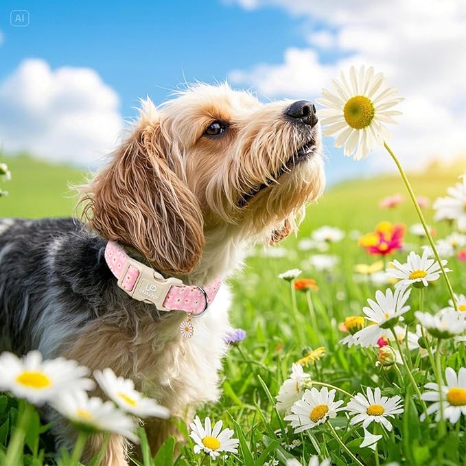Pet Collar-Summer Daisy Dog Collars-Pink Grid Puppy Collar-Adjustable, Sturdy & Cute Girl Boy Dog Collars for Outdoor Fun