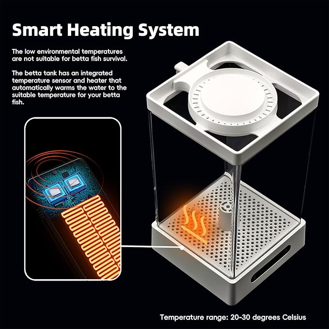 Small Shrimp Tank, 0.42 Gal Mini Fish Tank, Smart Automatic Heating, Easy Water Change Valve, and Energy-Efficient LED Lighting - Perfect for Office, Home, and Bedrooms, Single Betta Fish Only