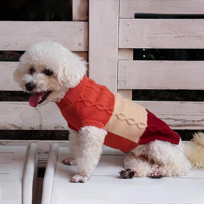 DELIFUR Color Block Cat Sweater - Knitted Turtleneck Cat Knitwear Warm Dog Coats with Classic Cable Fall Winter Clothes for Cat Puppy Chihuahua Girl (Orange, Small)