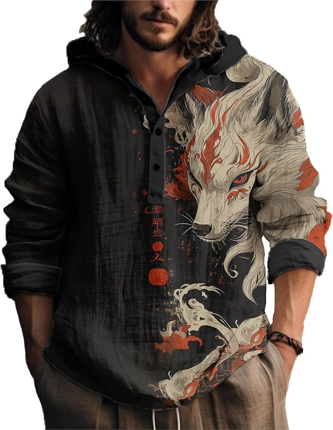 MARSVOVO Japanese Art Animal Hooded Shirt for Men Long Sleeve Quarter Button Lightweight Hoodie Cool Streetwear Tops