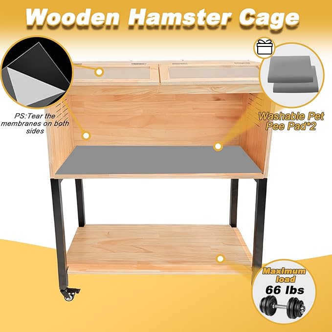 Wooden Hamster Cage with Storage Shelf, Hamster Cage, Pine, Guinea Pig Cages, 31.5' L× 15.7' W × 38 ' H, Large Animal Cages with Storage Shelf for Guinea Pig,Chinchilla,Rat, Bunny,etc.