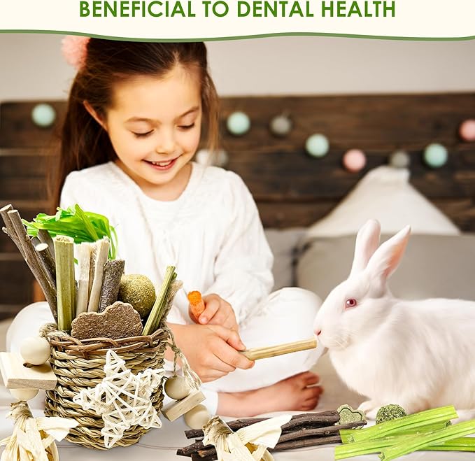 26Pcs Rabbit Toys for Bunny Boredom Basket for Small Pets, with 14Pcs Replacement Set Hanging Rodent Dental Toy with Papaya Stems Sweet Bamboo Hamsters, Chinchillas, Guinea Pigs (No Corn Cob)
