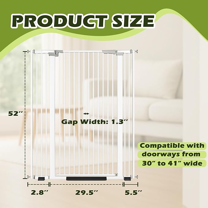 52" Extra Tall Cat Gate for Doorway,30"-41" Adjustable Width Pet Gate, Auto Close Pet Gate Include 2.75" and 5.5" Extension Kits,Pet Gate Indoor No Drilling for Doorways and Kitchen