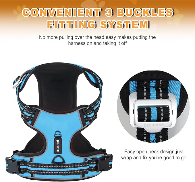 No Pull Dog Harness with 3 Snap Buckles,No Choke Front Lead pet Harness Reflective and Adjustable Soft Padded Vest for Small Medium Large Dog (Blue, Large)
