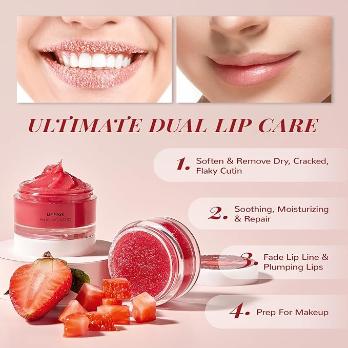 Lip Scrub & Lip Mask Set, Overnight Treatment Lip Care Products, Daily Lip Gift Set for Girls, Moisturize & Nourish, Dry Cracked Lips, Intense Hydration with Vitamin C, Overnight Lip Mask