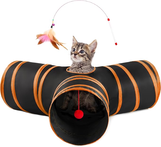 Love's cabin Cat Tunnels for Indoor Cats, Cat Tube Toys 3 Way Collapsible, Pet Play Tunnel with Peek Hole Toy Ball for Kitty, Kitten, Rabbit, Black&Orange, Small Size (23.6"X13"X11")