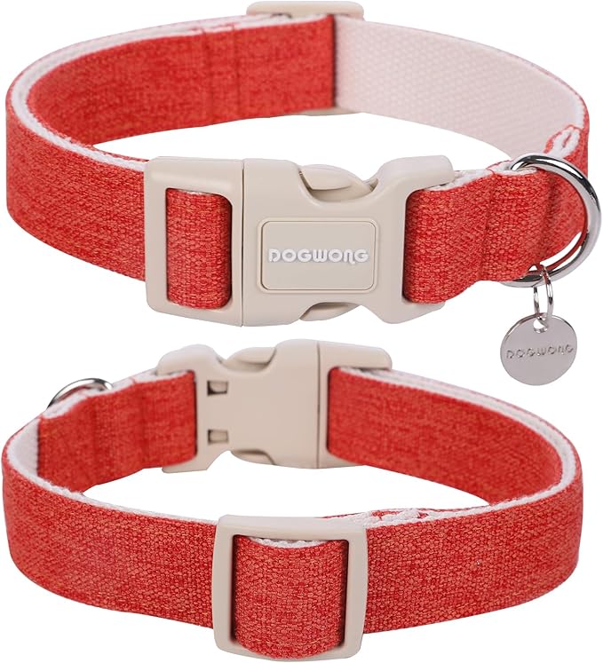 DOGWONG Cotton Hemp Dog Collar - Heavy-Duty Adjustable Soft Natural Fabric Pet Collar, Cute Fall Puppy Necklace for Small Medium Large Dogs (Orange)