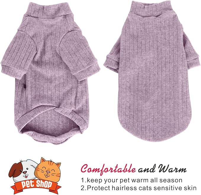 Idepet Sphynx Hairless Cats Sweater Shirt Kitten Soft Puppy Clothes Pullover Cute Cat Pajamas Jumpsuit Cotton Apparel Pet Winter Turtleneck for Cats and Teacup Chihuahua Small Dogs(Purple,XL)