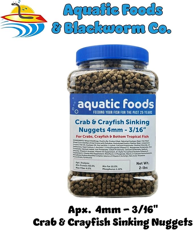 Aquatic Foods Inc. Crab & Crayfish 4mm-3/16 Sinking 40% Protein Nuggets for Crabs, Crayfish, Axolotl, Salamanders, Snails, All Bottom Tropical Fish...2-lbs Jar