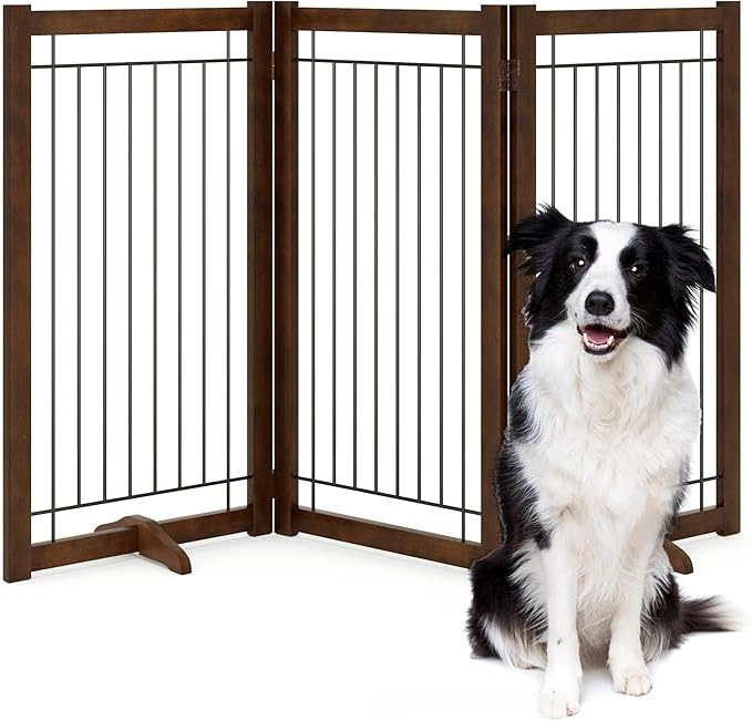 Wire Dog Gate Solid Wood Frame, Anti-Chewing, 3-Panel, 36" Height, 60" Width, Indoor Freestanding Pet Gate Foldable Wooden Dog Fences for Stairs, House, Doorway, Walnut Color