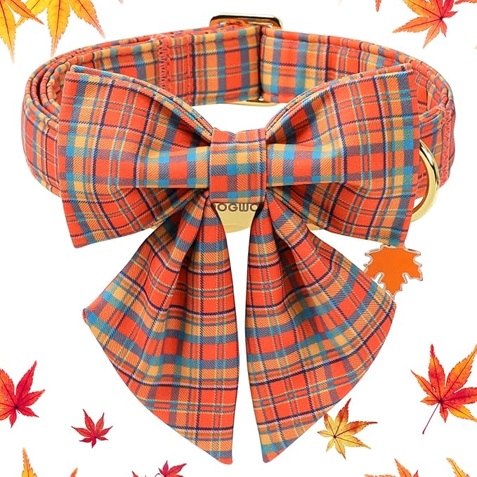 DOGWONG Cotton Fall Plaid Dog Collar, Orange Pumpkin Plaid Dog Collar with Bow Halloween Dog Collars Puppy Necklace for Small Medium Large Dogs