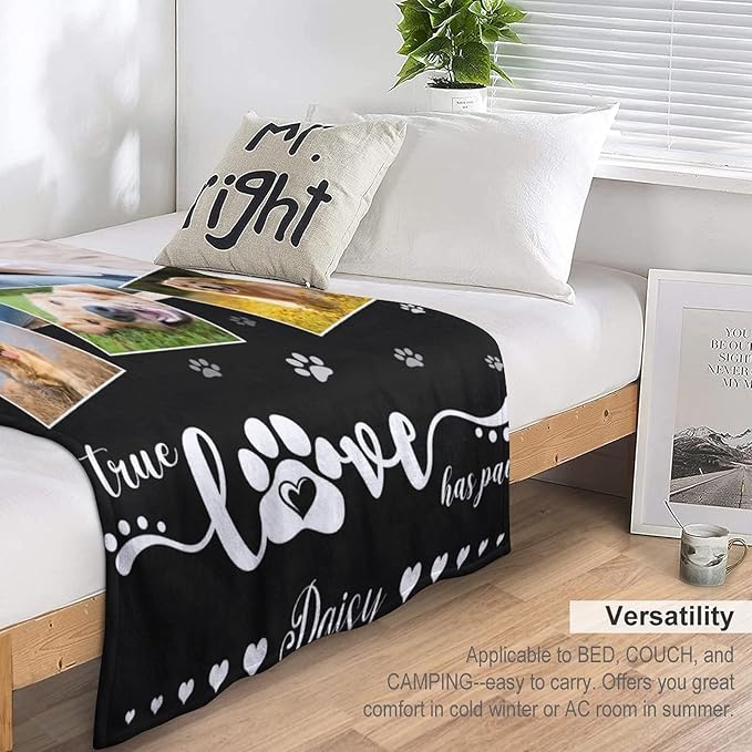 Dog Cat Memorial Blanket Custom Name Remembrance Gift for Family and Friends Personalized Fleece Throw Blanket with Pet Photo, Customized Soft Bed Throw Blankets Made in USA