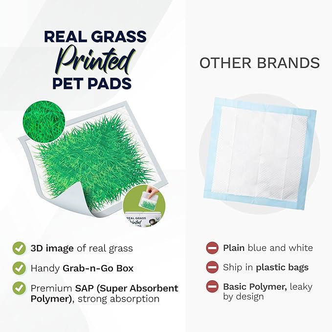 Big Dawg Pet Supplies Realistic Grass Printed Disposable Pet Pads. 24x24in Puppy Pee Pads for Dogs, Cats, and Small Animal Wee in Handy Grab-n-Go Box. Absorbent Potty Training, Housebreaking Supplies