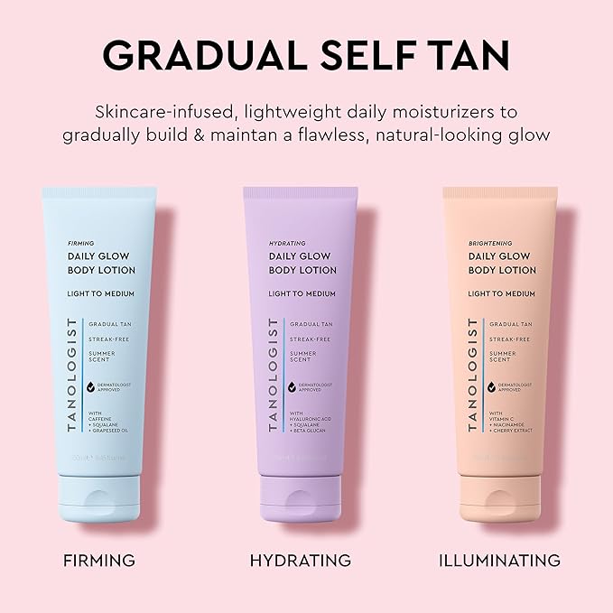 Tanologist Brightening Daily Glow Body Lotion- Light/Medium, Gradual Tanning Lotion, No Fake Tan Smell, Streak-Free & Natural Looking Self Tanner, Vegan, 8.45 fl. oz/250 ml Tube