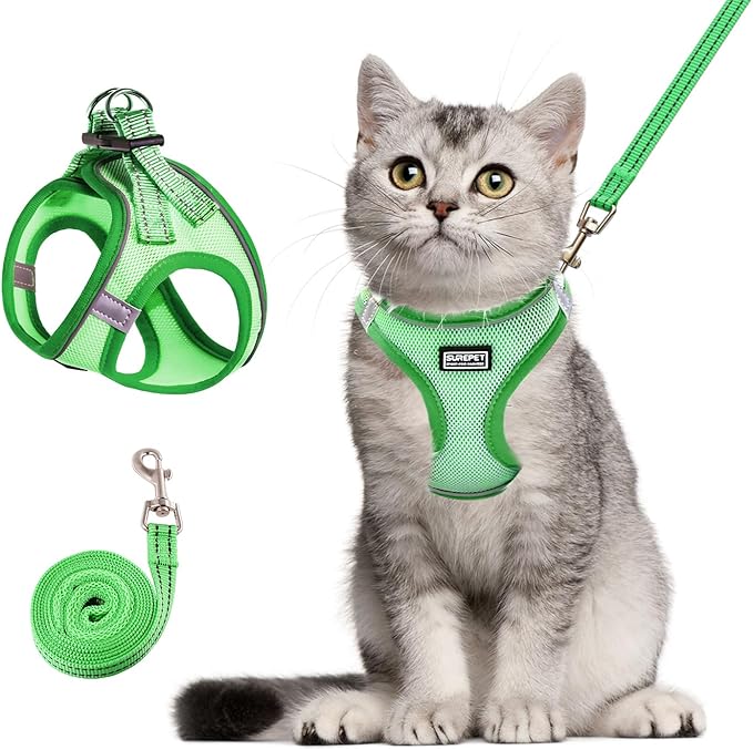 Cat Harness and Leash Set, Soft and Breathable Vest with Reflective Strip, Escape Proof Kitten Harness, Easy to Wear for Cats Walking and Traveling (Green, M)