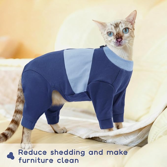 QBLEEV Cat Clothes, Soft Cat Sweaters for Cats Only, Kitten Surgery Recovery Suit Onesie Pajamas, Four Legs Cats Shirts Apparel Clothing for Hair Loss Prevention, Blue, 2XL