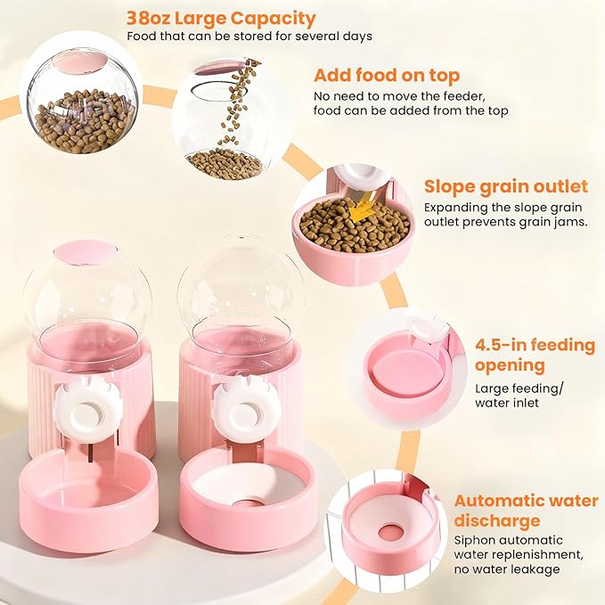 38oz Hanging Automatic Food Water Dispenser, Large Capacity Gravity Rabbit Water Dispenser and Feeder Set, for Bunny Guinea Pig Chinchilla Ferret Cage Accessories (Pink)