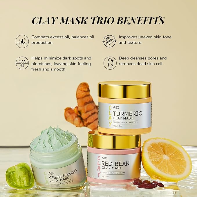 ANAI RUI 3 Pcs Pore Cleansing Face Mask Set Green Tomato Clay Mask - Turmeric Vitamin C Facial Mask Red Bean Refreshing Pore Mask, Relaxing Spa Gift Set Self Care for Women/Teens Girls 2.5 oz each