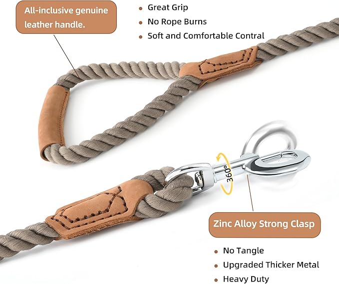 Mile High Life Dog Leash, Braided Cotton Rope Leashes with Leather Handle - Heavy Duty Metal Clasp, 6FT, 1/2" Thick - Wedding, Walking & Training Leash for Small Medium Large Dogs (Camel)