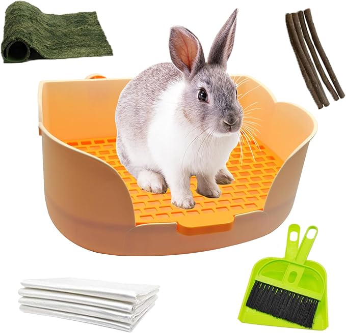 15.1"X11.0" Large Rabbit Litter Box,Plastic Square Rabbits Potty Trainer with Bigger Pan Bunny Corner Toilet Box with Small Animal Disposable Liner for Guinea Pigs Hamster Chinchilla(Orange)