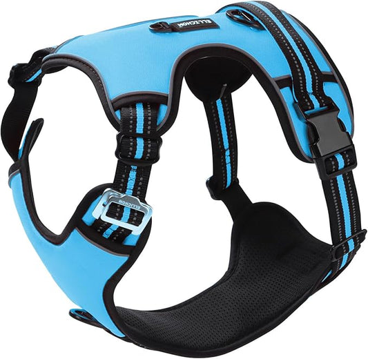 No Pull Dog Harness with 3 Snap Buckles,No Choke Front Lead pet Harness Reflective and Adjustable Soft Padded Vest for Small Medium Large Dog (Blue, Medium)