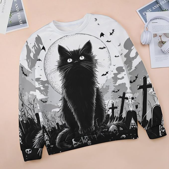 Halloween Sweatshirts for Women Black Cat Print Pullover Crewneck Oversized 2024 Fall Fashion Casual Warm Shirt