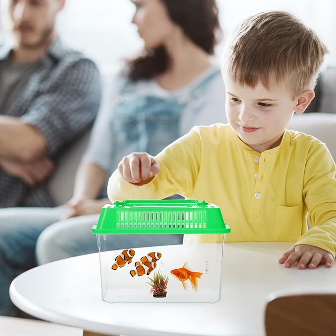 Portable Fish Tank Handheld Fish Tank,Plastic Mini Box Transparent Cutout Design, Plastic Aquarium with Handle for Turtle and Pet (Random Color Lid)