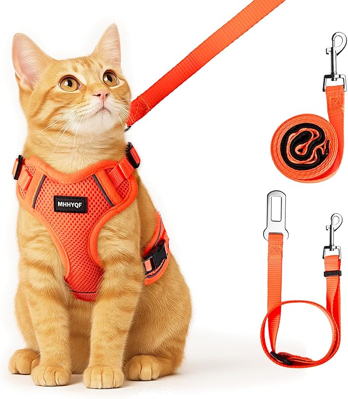 Cat Harness and Leash for Walking Escape Proof Soft Adjustable Cat Leash Breathable Comfortable Vest Easy to Wear Kitten Harness for Outdoor Travel, Orange, S
