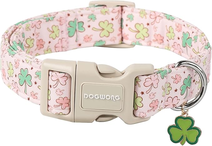 DOGWONG Green Dog Collar- Spring Female Dog Collars Adjustable St. Patrick's Day Puppy Pink Clover Dog Collar for Small Medium Large Dogs L
