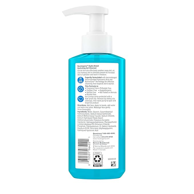 Neutrogena Hydro Boost Face Wash,Fragrance Free,Hydrating Facial Cleanser with Hyaluronic Acid,Daily Foaming Face Wash & Makeup Remover,Hypoallergenic Gel Cleanser,7.8 fl. oz,(Pack of 2)