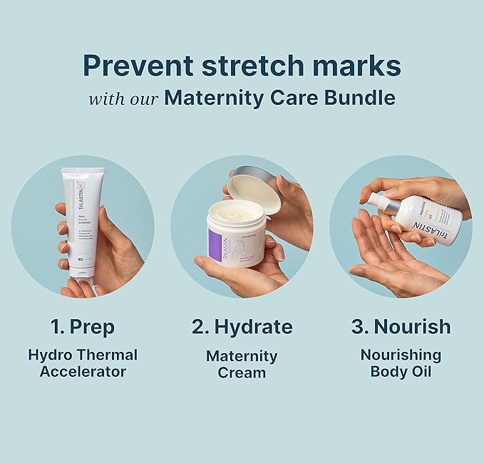 TriLASTIN Maternity 1st Trimester Bundle, 3 Month Supply with (3) Maternity Stretch Mark Prevention Cream, (2) Hydro-Thermal Accelerator, Minimize Appearance of Stretch Marks, Paraben-Free