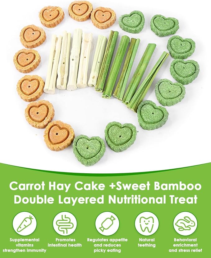 Rabbit Toys for Bunny Boredom, Hanging Rodent Dental Toy with Papaya Stems Sweet Bamboo Hamsters, Chinchillas, Guinea Pigs (Part A, 3Pcs)